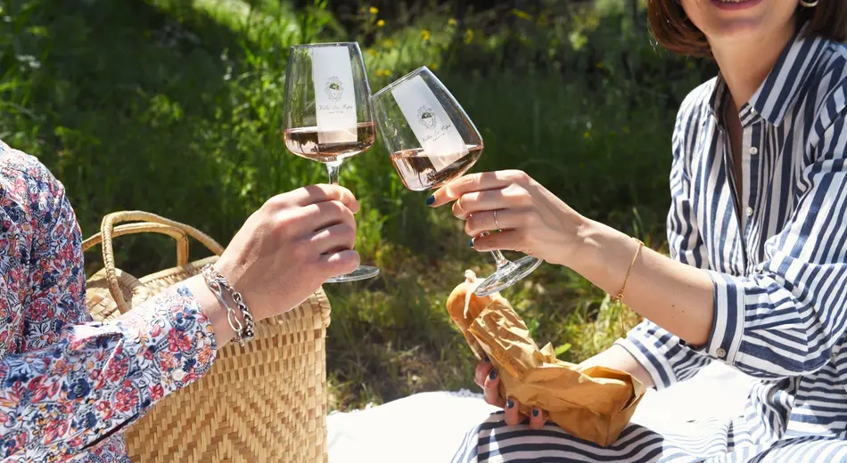 Twee mensen proosten met wijn tijdens een picknick. wijnproeverij